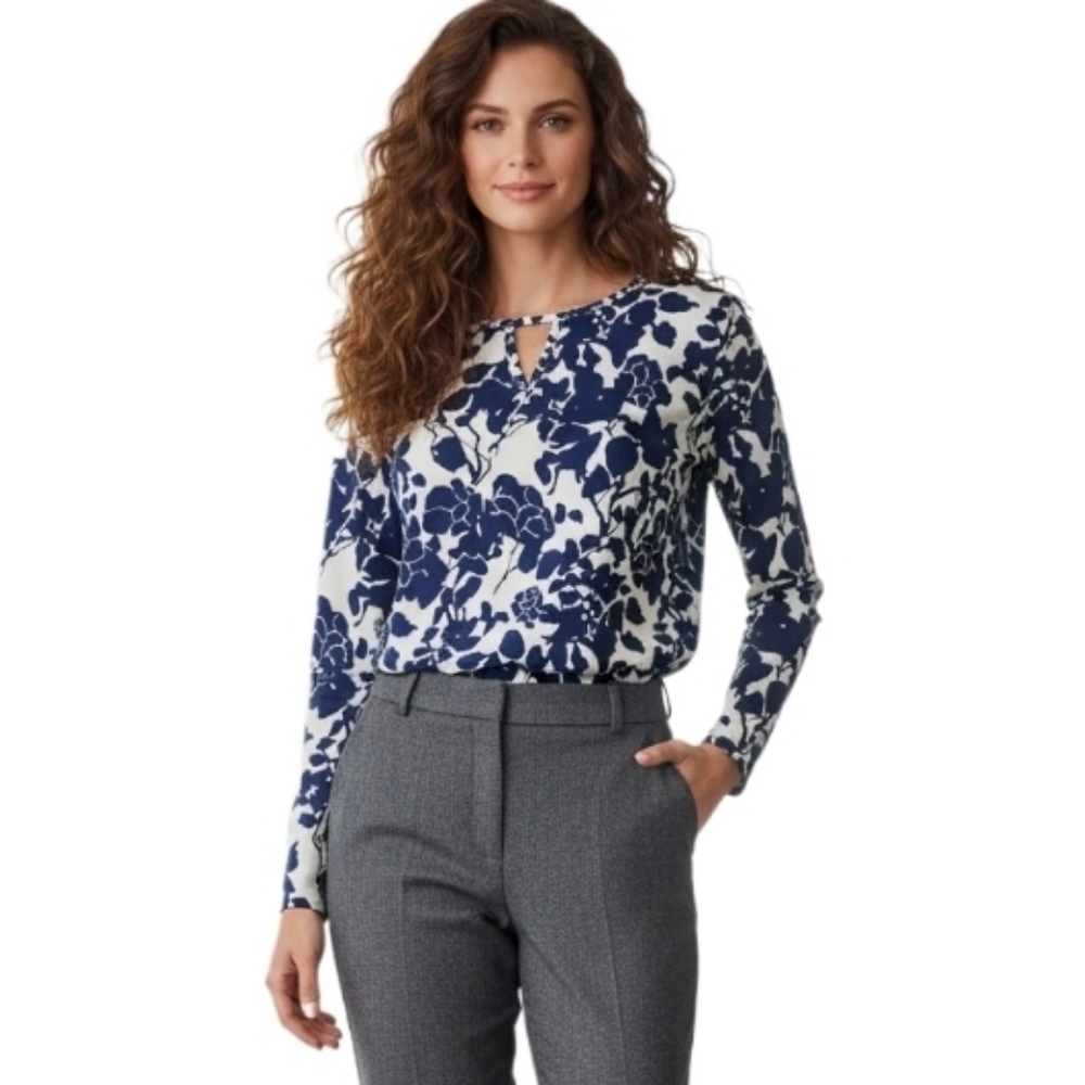 SHEIN Blue White Floral Split Neck Long Sleeve Blouse Medium